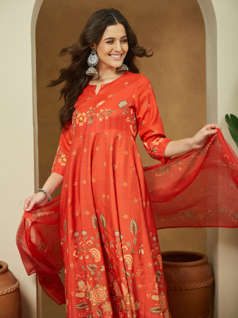 Janasya Women's Red Cotton Blend Floral Printed Anarkali Kurta Set